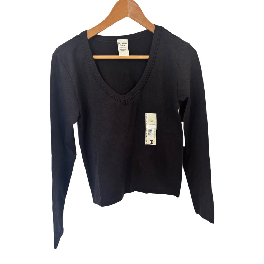 No Boundaries Womens Ribbed V-Neck Long Sleeve Top Black‎ XL 15-17 NWT